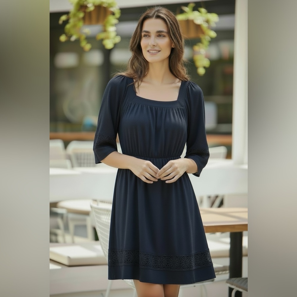 ZER OTANTIK navy blue lace edge women's size 8 lined soft shift dress Turkish